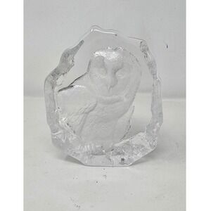 Mats Jonasson lead crystal owl paperweight 6" etched art glass Sweden signed